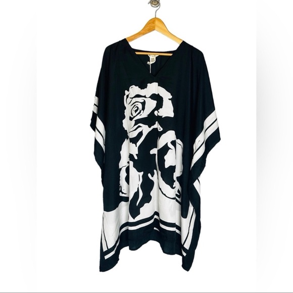 Floral Black & White Short Kaftan Tunic Kimono Cover Up Shirt Dress - Picture 2 of 12